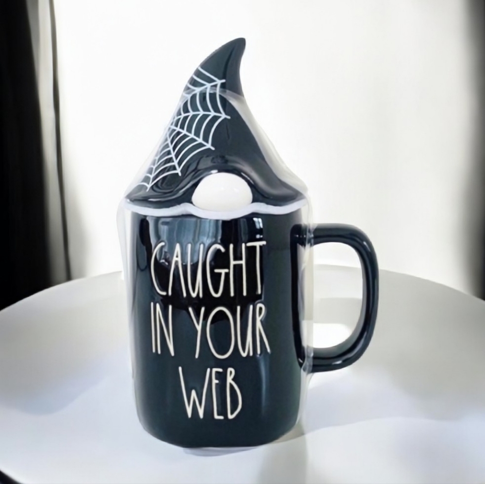 NEW Rae Dunn Halloween CAUGHT IN YOUR WEB Gnome Topper Mug